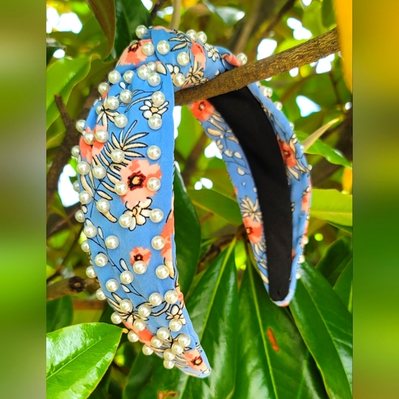Spring Floral Cornflower Blue Headband with Embellished Pearls - Picture 3 of 3